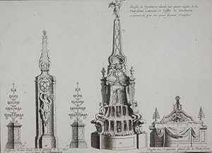 Dessin des Pyramides eleveés aux quatre angles de la Plate-forme contenant des buffets de distrib...