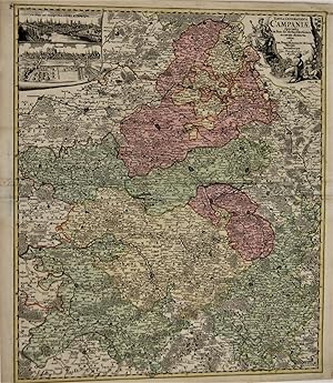 Bild des Verkufers fr Tabula Geographica Campaniae specialis in suas sic dictas Electiones accurate distincta edita - [Mit 2 Stadtansichten von Troyes und Reims]. - [Champagne]. - zum Verkauf von Antiquariat Tautenhahn