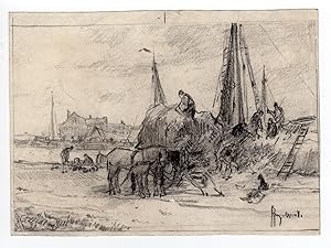 Antique Drawing-HAY-SHIP-HARBOUR-ROTTERDAM-IMPRESSIONISM-van Voorden-c.1905