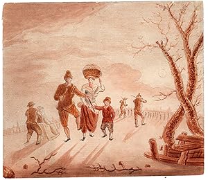 Antique Drawing-DUTCH WINTER SCENE-SCATING-SLEDGE-SUNSET-Anonymous-c.1800