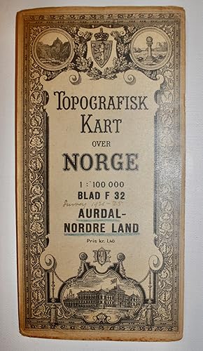 Image du vendeur pour Topografisk Kart over Norge (= Topographical Map of Norway): Blad F 32 Aurdal - Nordre Land (Oppland, Jotunheimen). mis en vente par Dendera