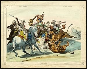 Antique Drawing-LION HUNT-ARABS-HORSE-CAMEL-H. Vernet-ca. 1860