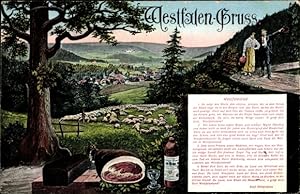 Lied Ansichtskarte / Postkarte Westfalen Gruß, Westfalenlied, Schinken, Schnaps, Schafherde