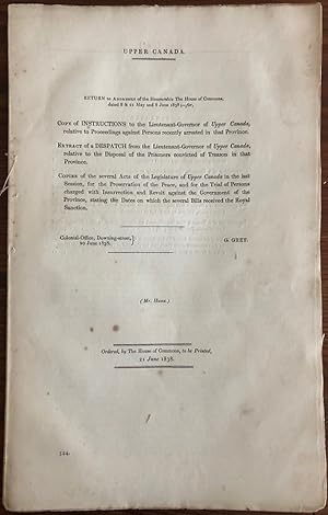 Imagen del vendedor de Upper Canada : return to addresses of the Honourable the House of Commons, dated 8 & 21 May and 8 June 1838, for, Copy of instructions to the Lieutenant-Governor of Upper Canada, relative to proceedings against persons recently arrested in that Province. a la venta por Lord Durham Rare Books (IOBA)