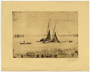 Antique Print-VIEW-LAKE-FISHING-SHIP-Liesegang-1910