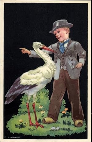 Künstler Ansichtskarte / Postkarte Kirchbach, Junge und Storch