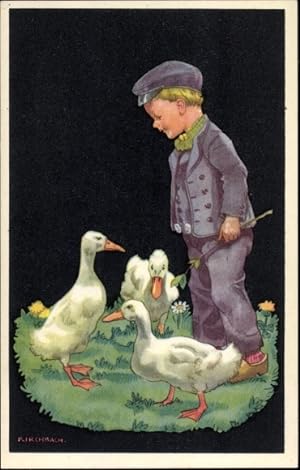 Künstler Ansichtskarte / Postkarte Kirchbach, Junge mit Enten auf der Wiese