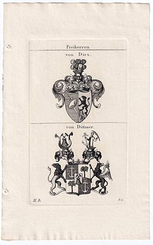 Freiherren von Diez / von Dittmer. Kupferstich mit 2 Wappen auf 1 Blatt.