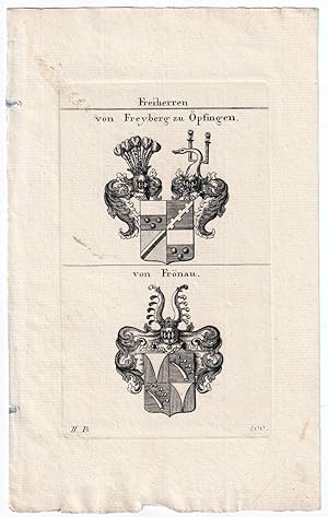 Imagen del vendedor de Freiherren von Freyberg zu pfingen / von Frnau. Kupferstich mit 2 Wappen auf 1 Blatt. a la venta por Antiquariat Dennis R. Plummer