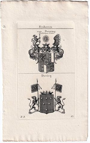 Imagen del vendedor de Freiherren von Deuring, Heilsberger Linie / Devicq. Kupferstich mit 2 Wappen auf 1 Blatt. a la venta por Antiquariat Dennis R. Plummer