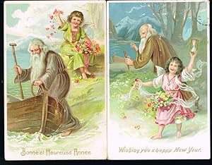 Father Time & Angel New Year Embossed Postcards x 2