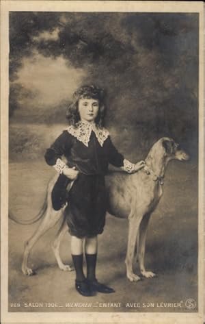 Künstler Ansichtskarte / Postkarte Wencker, Enfant avec son Levrier, Kind mit Windhund