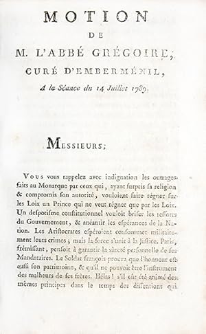 Imagen del vendedor de Motion de M. l'abb Grgoire, cur d'Embermnil,  la sance du 14 juillet 1789. a la venta por Librairie HATCHUEL