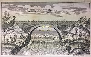 Die Fliegende Brucke zu Xensi. Ancient Bridge in Shensi, China. ORIGINAL Copper Engraving, Histor...