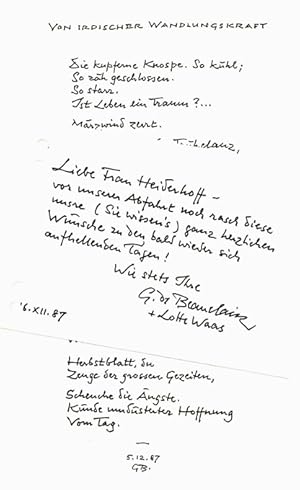 Von irdischer Wandlungskraft. Eigenhänd. Gedicht. Dazu: Eigenhänd. Briefkarte.