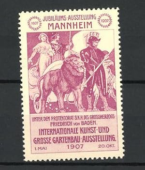 Bild des Verkufers fr Reklamemarke Mannheim, Intern. Kunst- und Gartenbauausstellung 1907, Gttin und Krieger mit Lwen zum Verkauf von Bartko-Reher