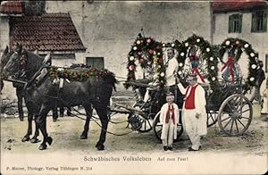 Ansichtskarte / Postkarte Schwäbisches Volksleben, Auf zum Fest, Schwäbische Tracht, Pferd