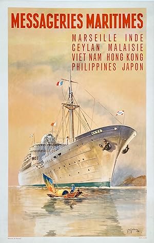 Original Vintage Poster: Messageries Maritimes - Marseille, Inde, Ceylan, Malaisie, Viet Nam, Hon...