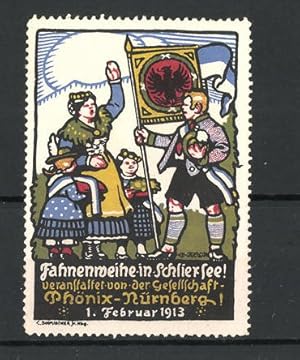 Seller image for Knstler-Reklamemarke Schliersee, Fahnenweihe 1913, Gesellschaft Phnix, Mrberg, Bauernfamilie mit Flagge in Tracht for sale by Bartko-Reher