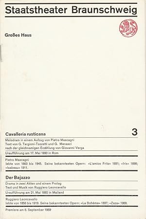 Bild des Verkufers fr Programmheft Mascagni / Leoncavallo CAVALLERIA RUSTICANA / DER BAJAZZO Premiere 6. September 1969 Groes Haus Heft 3 zum Verkauf von Programmhefte24 Schauspiel und Musiktheater der letzten 150 Jahre