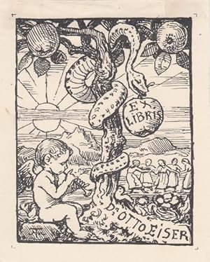 Imagen del vendedor de Ex Libris Dr. Otto Eiser [Arzt in Frankfurt, Freund und Frderer von Thoma, 1834-1898]. Fltend sitzender Engel neben Apfelbaum mit Schlange, dahinter Mdchenreigen, Berge und Sonne. Baum der Erkenntnis. a la venta por Antiquariat  Braun