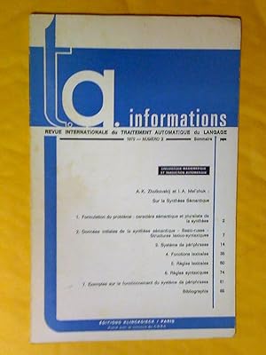 Sur la synthèse sémantique: T. A. Informations, revue internationale du tratement automatique du ...