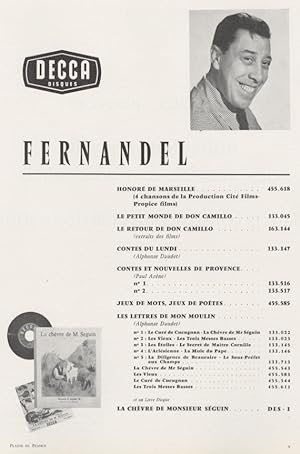 "FERNANDEL / DISQUES DECCA" Annonce originale entoilée PLAISIR DE FRANCE années 50