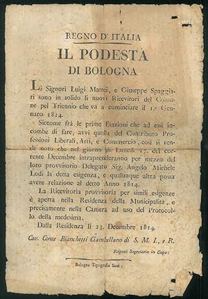 Bando di incarico a due ricevitori del Comune di Bologna. Dalla Residenza li 23 Decembre 1814