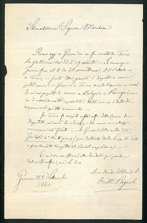 Lettera manoscritta con firma autografa. Genova 22 Settembre 1860