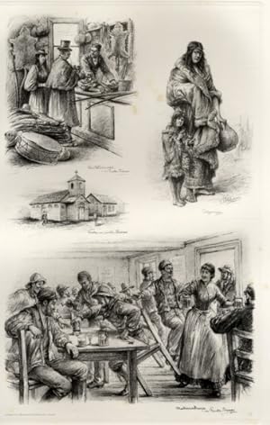 Photogravure Süd Amerika Ohlsen 1894, Punta Arenas, Raritätenhandel, Patagonierin, Kirche, Kneipe