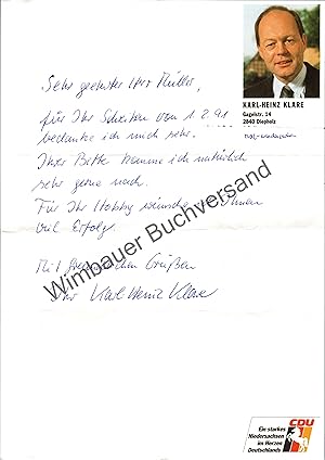 Seller image for Original Autograph Karl-Heinz Klare Vizeprsident Landtag Niedersachsen /// Autogramm Autograph signiert signed signee for sale by Antiquariat im Kaiserviertel | Wimbauer Buchversand