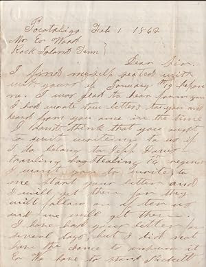 Seller image for Confederate soldier's February 1, 1862 reply to Mr. E Ward, Rock Island, Tennessee while camped at Pocotaligo, near Yemassee South Carolina for sale by Americana Books ABAA