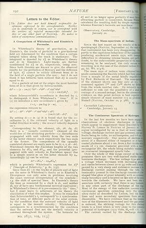 Seller image for A Comparison of Whitehead's and Einstein's formulas" (Eddington p. 192) WITH "The law of dispersion and Bohr's theory of spectra (Kramers p. 673-674) WITH Problems of Muscular Receptivity" (Sherrington, pp. 892-894; 929-932); "The Origin of the Solar System (Supplement, pp. 329-340) in Nature 113, 1924 for sale by Atticus Rare Books