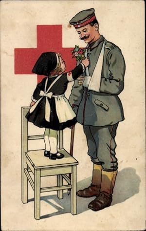 Künstler Ansichtskarte / Postkarte Rotes Kreuz, verwundeter Soldat, Mädchen als Krankenschwester