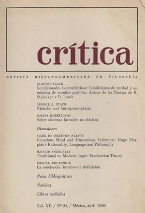 Imagen del vendedor de CRTICA. REVISTA HISPANOAMERICANA DE FILOSOFA VOL XII. 1980. N34 a la venta por Librera Vobiscum