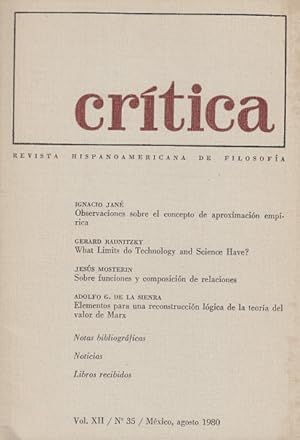 Imagen del vendedor de CRTICA. REVISTA HISPANOAMERICANA DE FILOSOFA VOL XII. 1980. N35 a la venta por Librera Vobiscum