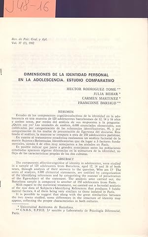 Immagine del venditore per DIMENSIONES DE LA IDENTIDAD PERSONAL EN LA ADOLESCENCIA. ESTUDIIO COMPARATIVAO venduto da Libreria 7 Soles