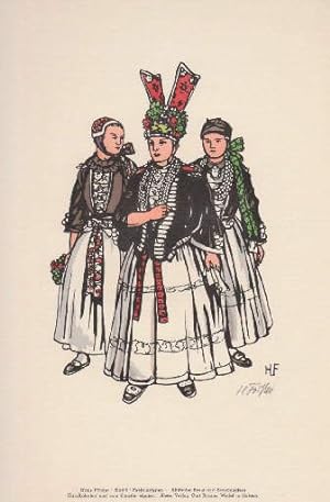 Altenländer Braut und Brautjungfern. Handkolorierter Holzschnitt von Hans Förster, unten rechts v...