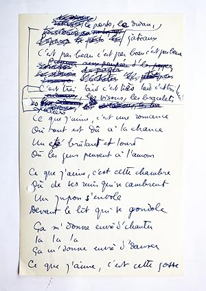 Manuscrit autographe complet de la chanson de Boris Vian intitulée "Ce que j'aime dans la romance"