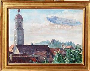 "Zeppelin über Mindelheim" originales Gemälde, Öl auf Leinwand ca.49x67cm; unten rechts signiert ...