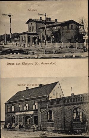 Ansichtskarte / Postkarte Kleeberg Ostbrandenburg, Bahnhof, Gleisseite, Gasthof - Inh.: F. J. Sch...