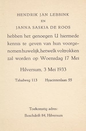 Trouwkaart van Hendrik Jan Lebbink en Janna Saskia de Roos, Hilversum, 3 Mei 1933.