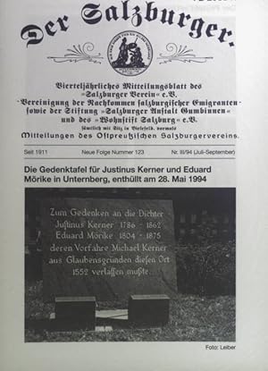 Bild des Verkufers fr Enthllungen der Gedenktafeln fr die Dichter Justinus Kerner und Eduard Mrike - in: Der Salzburger. Vierteljhrliches Mitteilungsblatt des "Salzburger Verein" e.V. Neue Folge Nummer 123, Nr. III/94. zum Verkauf von books4less (Versandantiquariat Petra Gros GmbH & Co. KG)