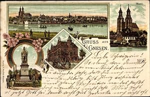Litho Gniezno Gnesen Posen, Dom, Kaiser Friedrich Denkmal, Post, Totale