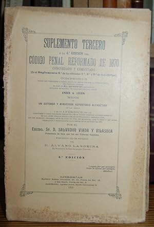 Imagen del vendedor de SUPLEMENTO TERCERO A LA 4 EDICION DEL CODIGO PENAL REFORMADO DE 1870 CONCORDADO Y COMENTADO a la venta por Fbula Libros (Librera Jimnez-Bravo)