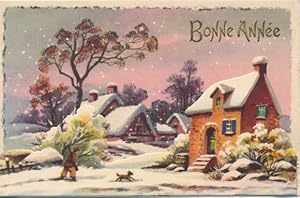 Mechanische Ansichtskarte / Postkarte Glückwunsch Neujahr, Auf dem Nachhauseweg, Dorfpartie, Hund
