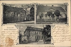 Jugendstil Ansichtskarte / Postkarte Nieder Gläsersdorf Kreis Glogau Schlesien, Warenhaus, Schule...