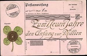 Ansichtskarte / Postkarte Glückwunsch Neujahr, Kleeblatt, Glückspfennig, Postanweisung
