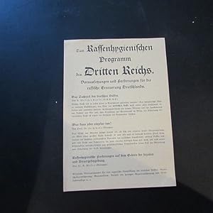 Imagen del vendedor de Werbezettel fr: "Zum Rassenhygienischen Programm des Dritten Reichs ." a la venta por Bookstore-Online