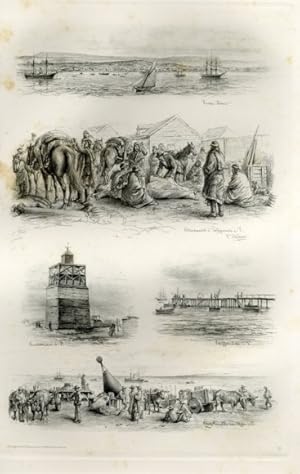 Photogravure Süd Amerika Ohlsen 1894, Punta Arenas Fellhandel, Leuchtturm, Schiffsbrücke, Hafen